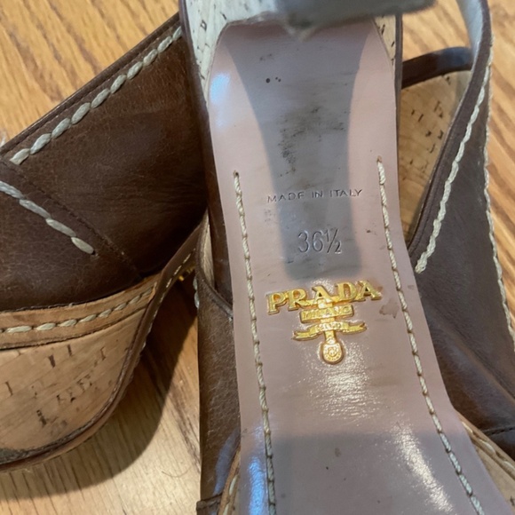 Prada Brown Leather Cork Wedge Sandals Size 36.5 (6 1/2) - Slingback Peep Toe - Picture 11 of 16
